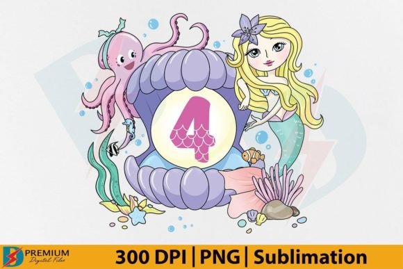 4th Birthday Mermaid PNG Sublimation